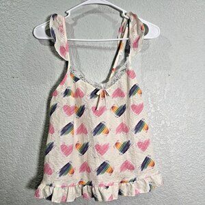 Womens Tank Top Sz S White Candy Hearts Cami Ruffle‎ Lace Babydoll Y2K Coquette